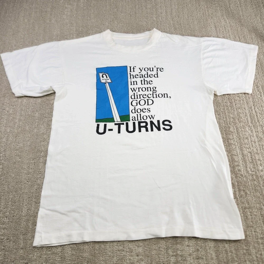 Vintage Jesus Shirt Men Large U Turn Tee 90s Single Stitch White God‎
